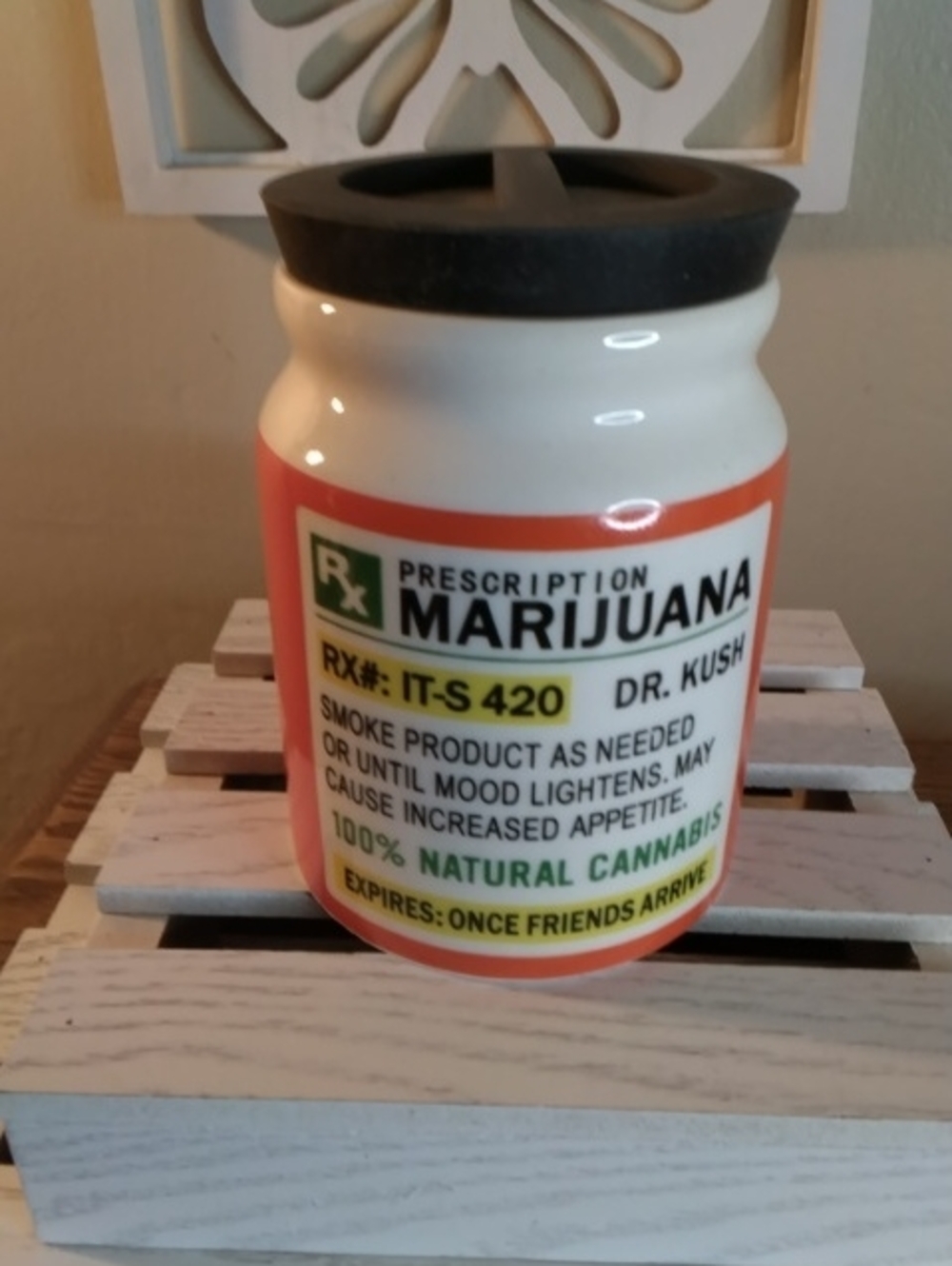 Prescription Marijuana Ceramic Jar with Black Lid - White and Orange